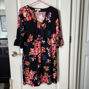 Floral Black Dress with Pink and Red and Blue Accents- Aryeh